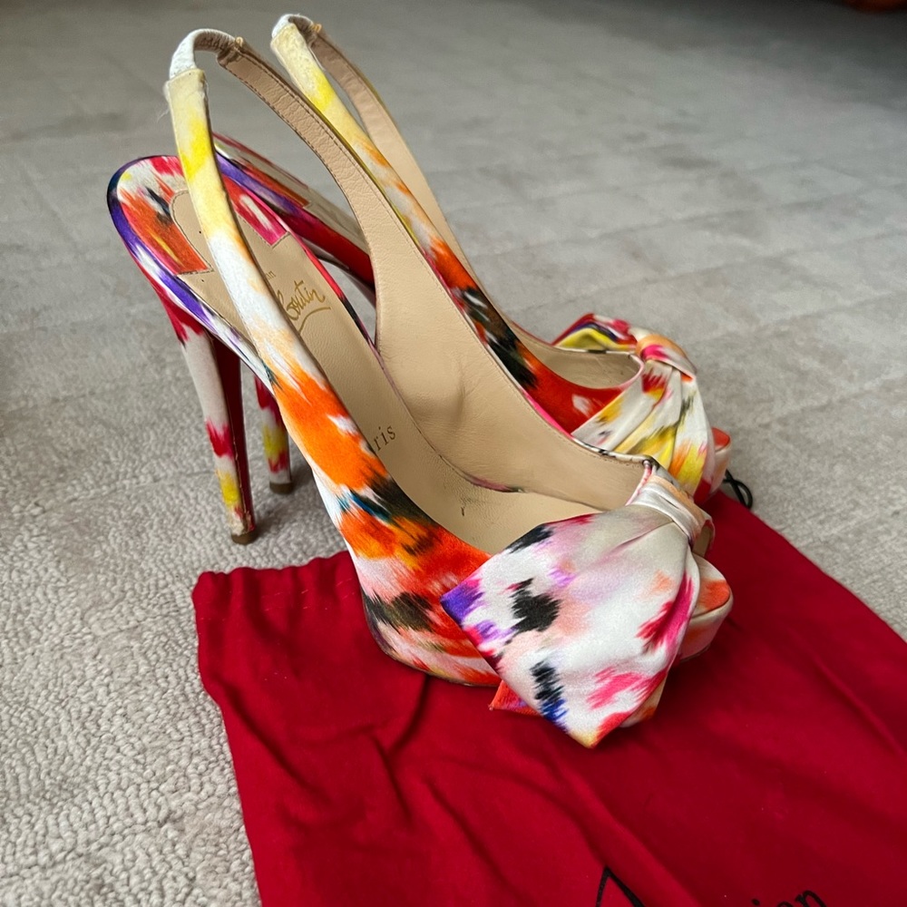 Christian Louboutin Multicolor Satin Vendome Sling Nodo 120 Pumps 37.5